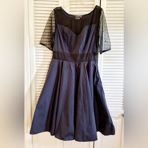 ESHAKTI Navy Blue & Black Dress SZ Large 14 SHEER SLEEVES Pockets!